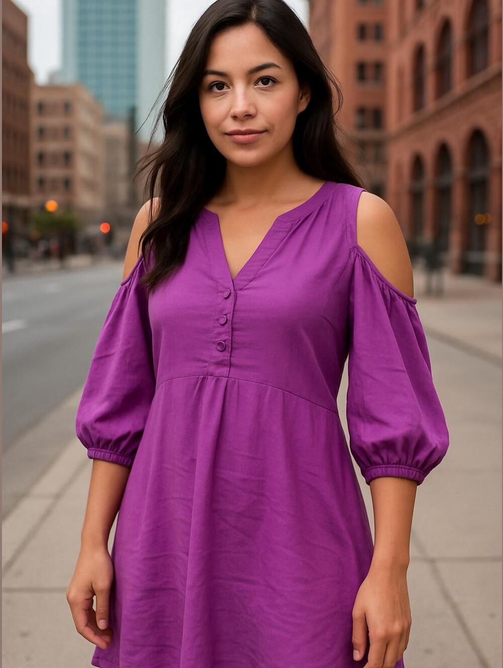 BCBGMaxAzria Cut Out Tunic Dress Neon Purple Button Down Vneck Oversized SMALL